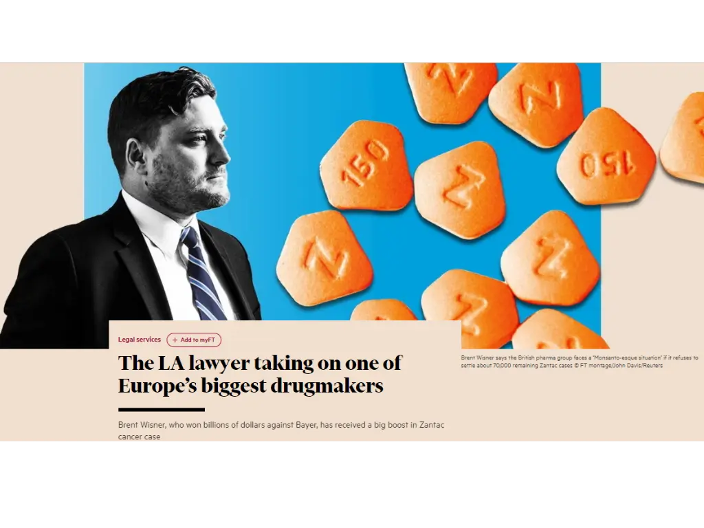 A news article from the Financial Times (FT) featuring a profile on Brent Wisner, a lawyer from Los Angeles. 