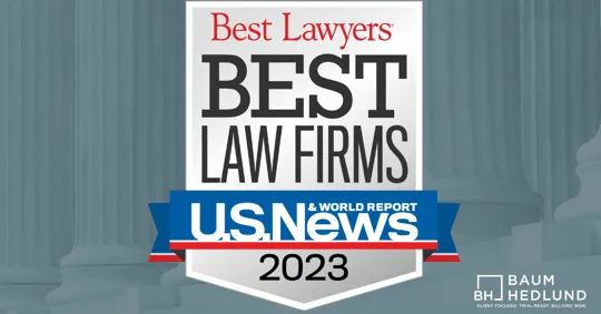Best Lawyers and U.S. News & World Report 2023 Best Law Firms award badge with Baum Hedlund law firm logo.